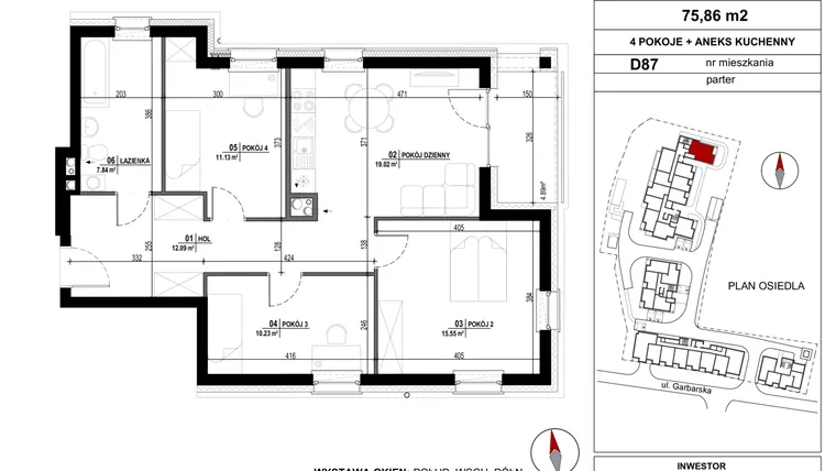 Rzut - Mieszkanie na sprzedaż 4 pokoje o powierzchni 75,86 m² - numer D.87 w Garbarska Urban Koncept