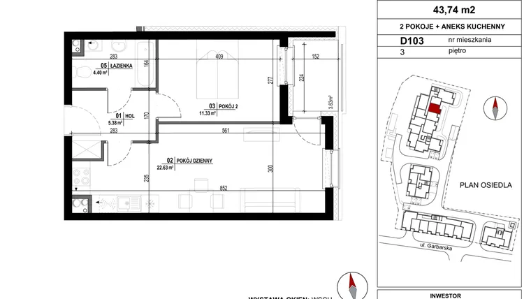 Rzut - Mieszkanie na sprzedaż 2 pokoje o powierzchni 43,74 m² - numer D.103 w Garbarska Urban Koncept