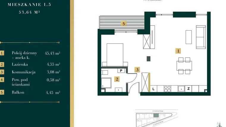 Rzut - Mieszkanie na sprzedaż 1 pokój o powierzchni 52,84 m² - numer 1.5 w New Iron