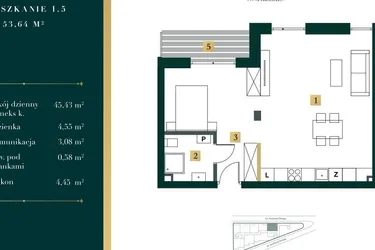 Rzut - Mieszkanie na sprzedaż 1 pokój o powierzchni 52,84 m² - numer 1.5 w New Iron