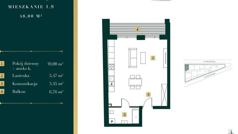 Rzut - Mieszkanie na sprzedaż 1 pokój o powierzchni 47,65 m² - numer 1.9 w New Iron