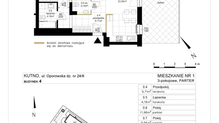 Rzut - Mieszkanie na sprzedaż 3 pokoje o powierzchni 61,3 m² - numer 4.1 w Różany Wilanów