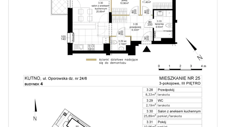 Rzut - Mieszkanie na sprzedaż 3 pokoje o powierzchni 63,46 m² - numer 4.25 w Różany Wilanów