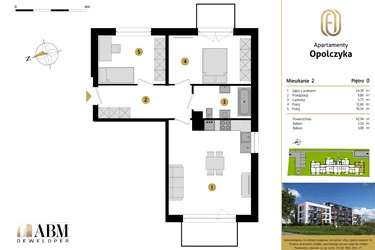 Rzut - Mieszkanie na sprzedaż 3 pokoje o powierzchni 62,94 m² - numer M2 w Apartamenty Opolczyka