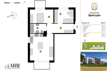 Rzut - Mieszkanie na sprzedaż 3 pokoje o powierzchni 62,94 m² - numer M8 w Apartamenty Opolczyka