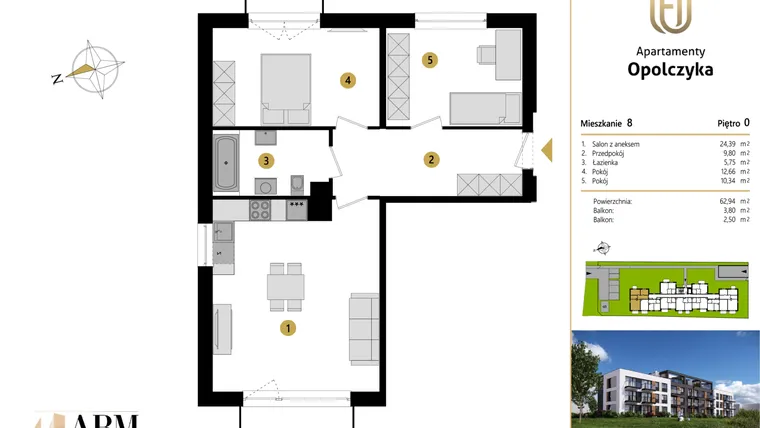 Rzut - Mieszkanie na sprzedaż 3 pokoje o powierzchni 62,94 m² - numer M8 w Apartamenty Opolczyka