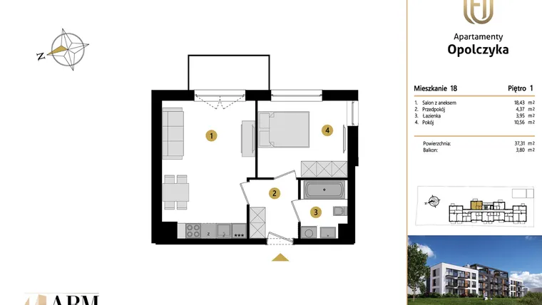 Rzut - Mieszkanie na sprzedaż 2 pokoje o powierzchni 37,31 m² - numer M18 w Apartamenty Opolczyka