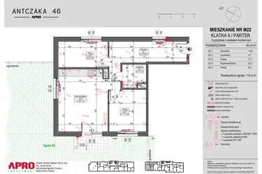 Rzut - Mieszkanie na sprzedaż 3 pokoje o powierzchni 60,1 m² - numer M22 w Antczaka 46
