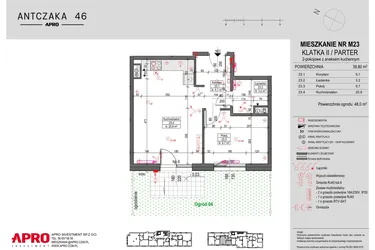 Rzut - Mieszkanie na sprzedaż 2 pokoje o powierzchni 38,8 m² - numer M23 w Antczaka 46