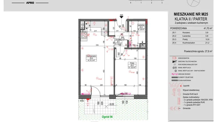 Rzut - Mieszkanie na sprzedaż 2 pokoje o powierzchni 41,7 m² - numer M25 w Antczaka 46