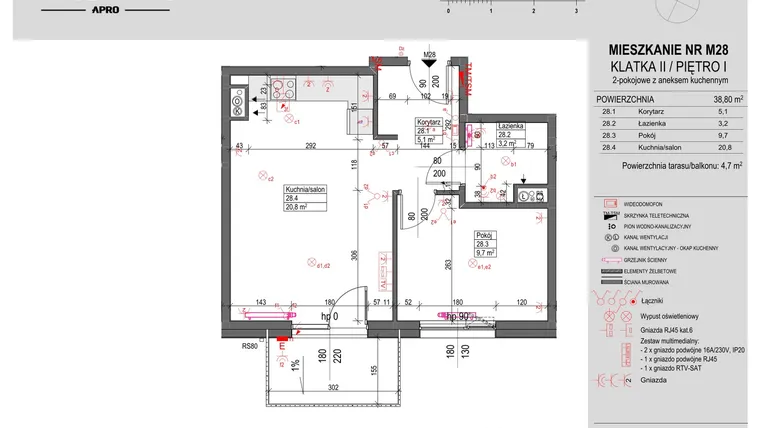 Rzut - Mieszkanie na sprzedaż 2 pokoje o powierzchni 38,8 m² - numer M28 w Antczaka 46