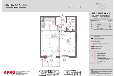 Rzut - Mieszkanie na sprzedaż 2 pokoje o powierzchni 41,6 m² - numer M30 w Antczaka 46