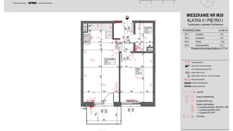 Rzut - Mieszkanie na sprzedaż 2 pokoje o powierzchni 41,6 m² - numer M30 w Antczaka 46