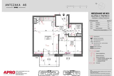 Rzut - Mieszkanie na sprzedaż 2 pokoje o powierzchni 38,8 m² - numer M33 w Antczaka 46