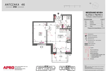 Rzut - Mieszkanie na sprzedaż 2 pokoje o powierzchni 37,6 m² - numer M34 w Antczaka 46