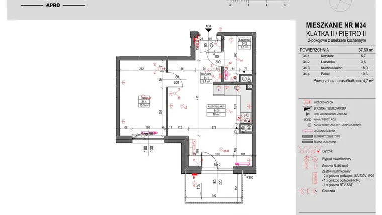 Rzut - Mieszkanie na sprzedaż 2 pokoje o powierzchni 37,6 m² - numer M34 w Antczaka 46