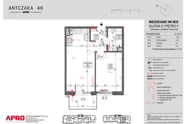 Rzut - Mieszkanie na sprzedaż 2 pokoje o powierzchni 41,7 m² - numer M35 w Antczaka 46