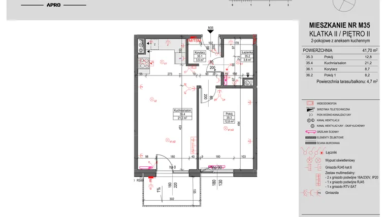 Rzut - Mieszkanie na sprzedaż 2 pokoje o powierzchni 41,7 m² - numer M35 w Antczaka 46