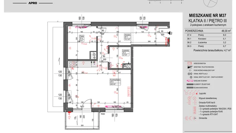 Rzut - Mieszkanie na sprzedaż 2 pokoje o powierzchni 49,3 m² - numer M37 w Antczaka 46