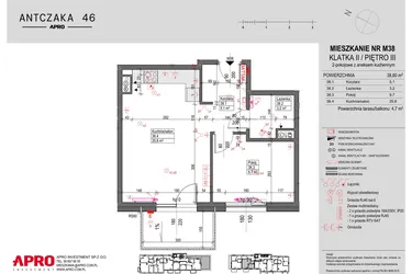 Rzut - Mieszkanie na sprzedaż 2 pokoje o powierzchni 38,8 m² - numer M38 w Antczaka 46