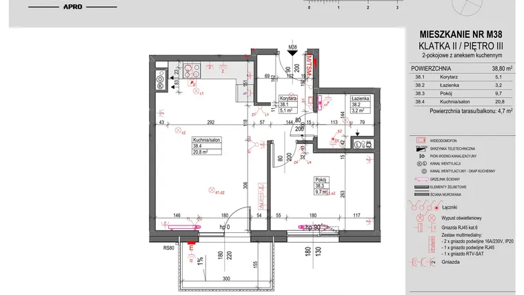 Rzut - Mieszkanie na sprzedaż 2 pokoje o powierzchni 38,8 m² - numer M38 w Antczaka 46