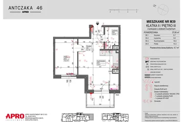 Rzut - Mieszkanie na sprzedaż 2 pokoje o powierzchni 37,6 m² - numer M39 w Antczaka 46