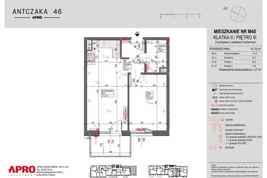 Rzut - Mieszkanie na sprzedaż 2 pokoje o powierzchni 41,7 m² - numer M40 w Antczaka 46