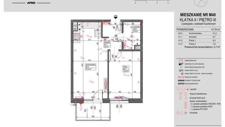 Rzut - Mieszkanie na sprzedaż 2 pokoje o powierzchni 41,7 m² - numer M40 w Antczaka 46