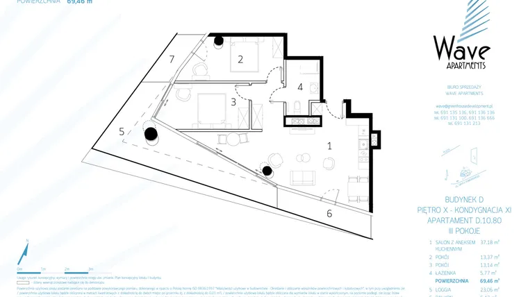Rzut - Mieszkanie na sprzedaż 3 pokoje o powierzchni 70,96 m² - numer D.10.80 w Wave Międzyzdroje Resort & Spa