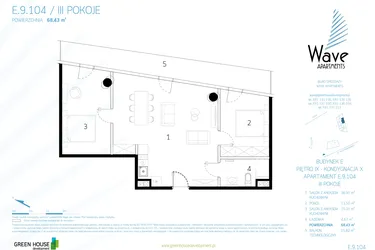 Rzut - Mieszkanie na sprzedaż 3 pokoje o powierzchni 67,94 m² - numer E.9.104 w Wave Międzyzdroje Resort & Spa
