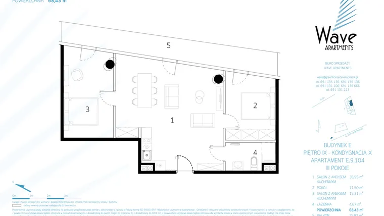Rzut - Mieszkanie na sprzedaż 3 pokoje o powierzchni 67,94 m² - numer E.9.104 w Wave Międzyzdroje Resort & Spa