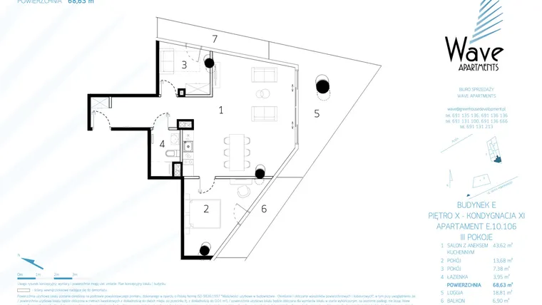 Rzut - Mieszkanie na sprzedaż 3 pokoje o powierzchni 68,47 m² - numer E.10.106 w Wave Międzyzdroje Resort & Spa