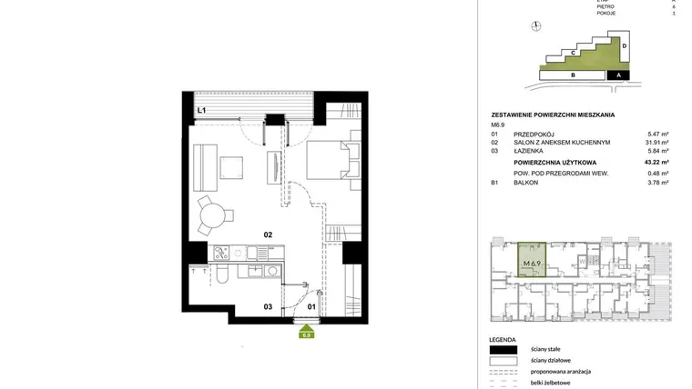 Rzut - Mieszkanie na sprzedaż 1 pokój o powierzchni 43,16 m² - numer A.6.9 w Kozielska Park