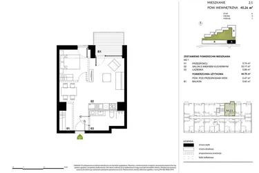 Rzut - Mieszkanie na sprzedaż 1 pokój o powierzchni 44,72 m² - numer A.2.1 w Kozielska Park