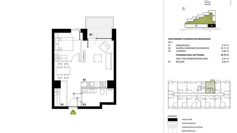 Rzut - Mieszkanie na sprzedaż 1 pokój o powierzchni 44,72 m² - numer A.2.1 w Kozielska Park