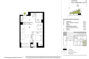 Rzut - Mieszkanie na sprzedaż 2 pokoje o powierzchni 50,46 m² - numer A.1.4 w Kozielska Park