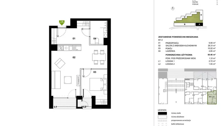 Rzut - Mieszkanie na sprzedaż 2 pokoje o powierzchni 50,46 m² - numer A.1.4 w Kozielska Park