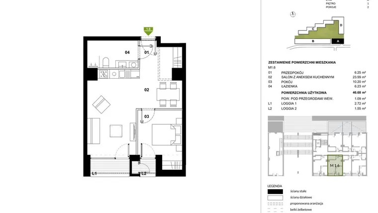 Rzut - Mieszkanie na sprzedaż 2 pokoje o powierzchni 46,62 m² - numer A.1.6 w Kozielska Park