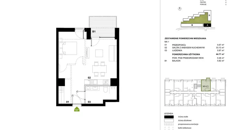 Rzut - Mieszkanie na sprzedaż 1 pokój o powierzchni 44,7 m² - numer A.4.1 w Kozielska Park