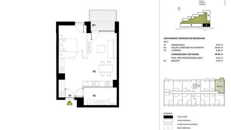 Rzut - Mieszkanie na sprzedaż 1 pokój o powierzchni 48,8 m² - numer A.4.3 w Kozielska Park