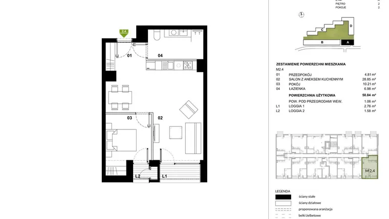 Rzut - Mieszkanie na sprzedaż 2 pokoje o powierzchni 50,78 m² - numer A.2.4 w Kozielska Park