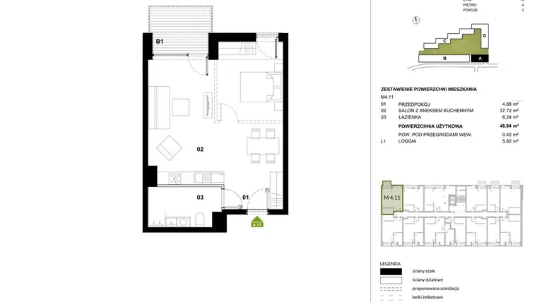 Rzut - Mieszkanie na sprzedaż 1 pokój o powierzchni 48,78 m² - numer A.4.11 w Kozielska Park