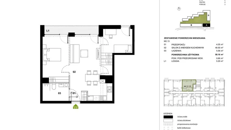 Rzut - Mieszkanie na sprzedaż 1 pokój o powierzchni 58,16 m² - numer A.2.13 w Kozielska Park