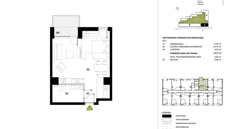 Rzut - Mieszkanie na sprzedaż 1 pokój o powierzchni 45,25 m² - numer A.3.1 w Kozielska Park