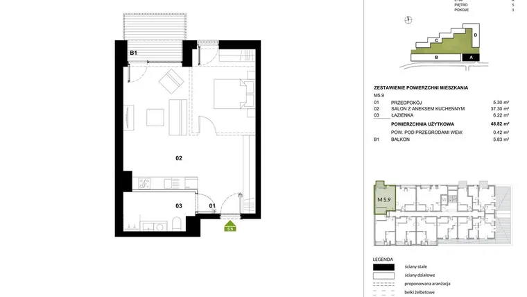 Rzut - Mieszkanie na sprzedaż 1 pokój o powierzchni 48,76 m² - numer A.5.9 w Kozielska Park