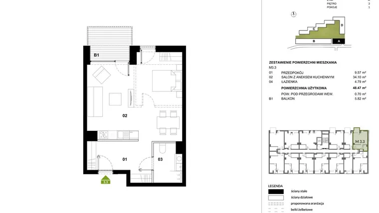 Rzut - Mieszkanie na sprzedaż 1 pokój o powierzchni 48,41 m² - numer A.3.3 w Kozielska Park
