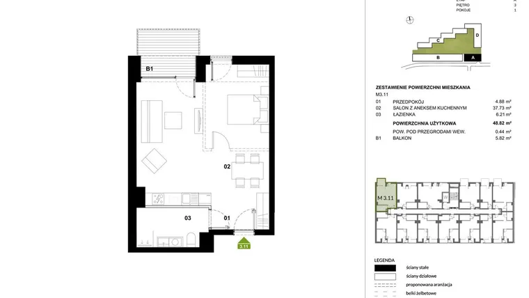 Rzut - Mieszkanie na sprzedaż 1 pokój o powierzchni 48,76 m² - numer A.3.11 w Kozielska Park