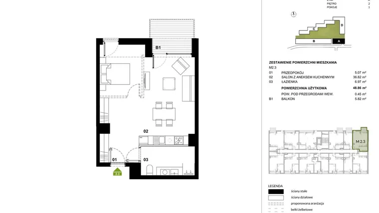 Rzut - Mieszkanie na sprzedaż 1 pokój o powierzchni 48,8 m² - numer A.2.3 w Kozielska Park