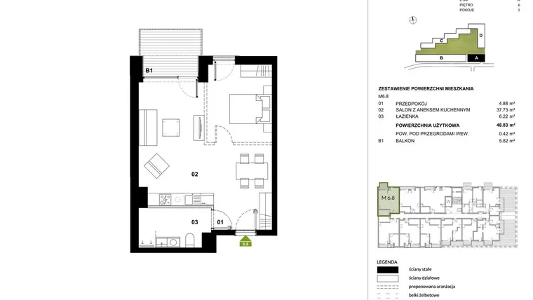 Rzut - Mieszkanie na sprzedaż 1 pokój o powierzchni 48,77 m² - numer A.6.8 w Kozielska Park