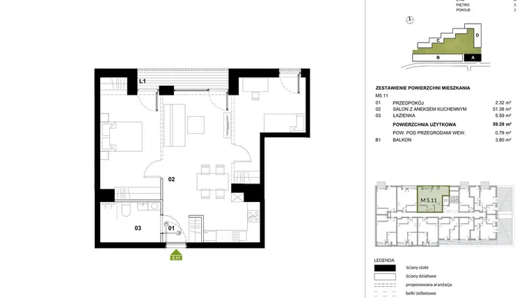 Rzut - Mieszkanie na sprzedaż 1 pokój o powierzchni 59,21 m² - numer A.5.11 w Kozielska Park